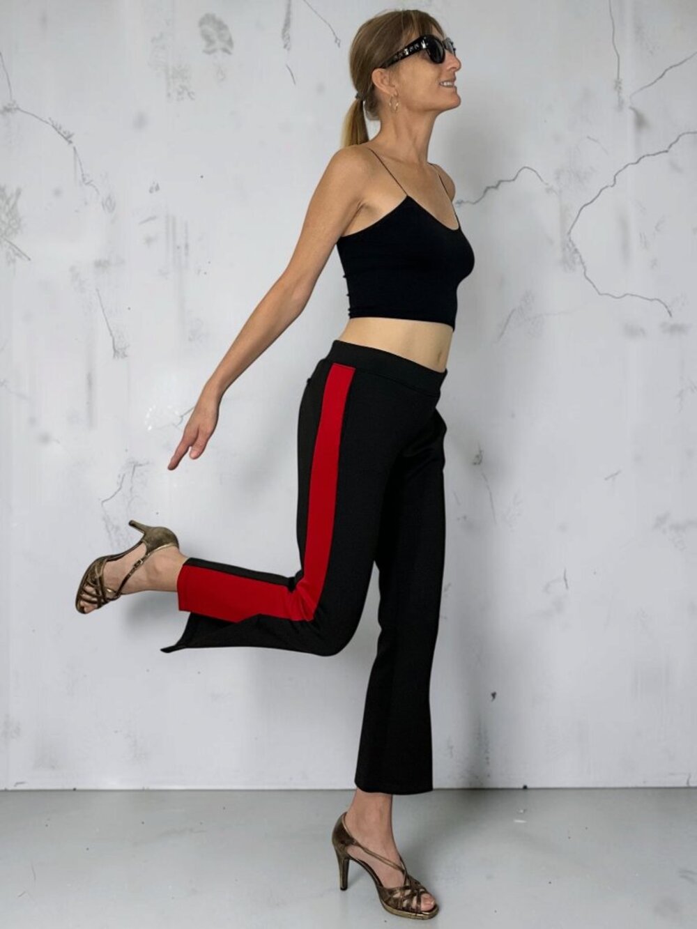 Pam & Gela Tuxedo Track Pant S Black Red Stripe Cropped Split Hem